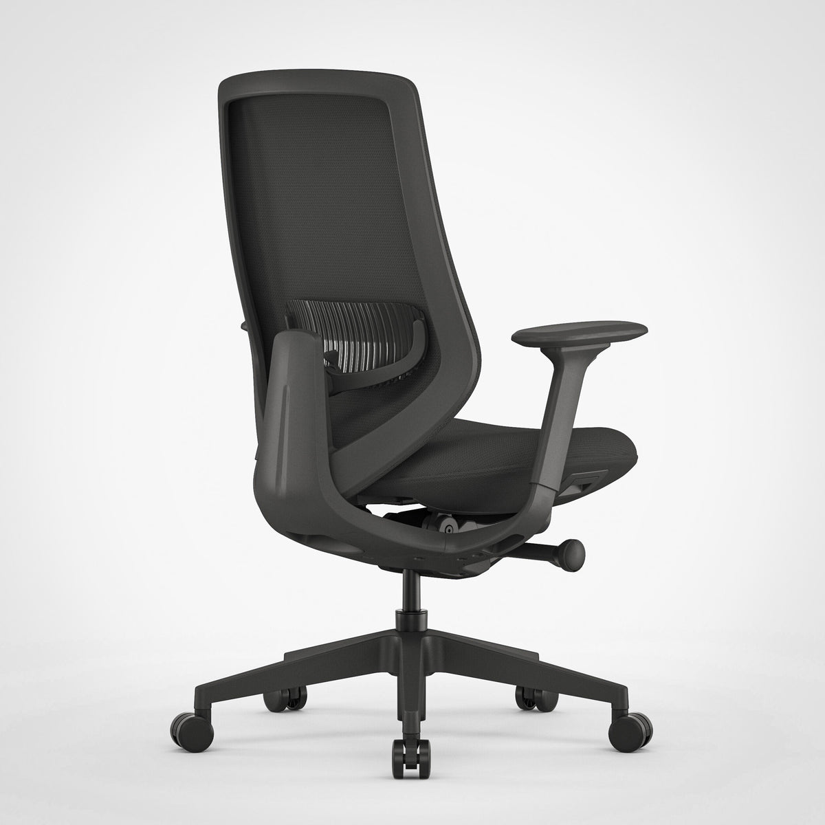 Black ergonomic office chair with mesh back, adjustable armrests and lumbar support