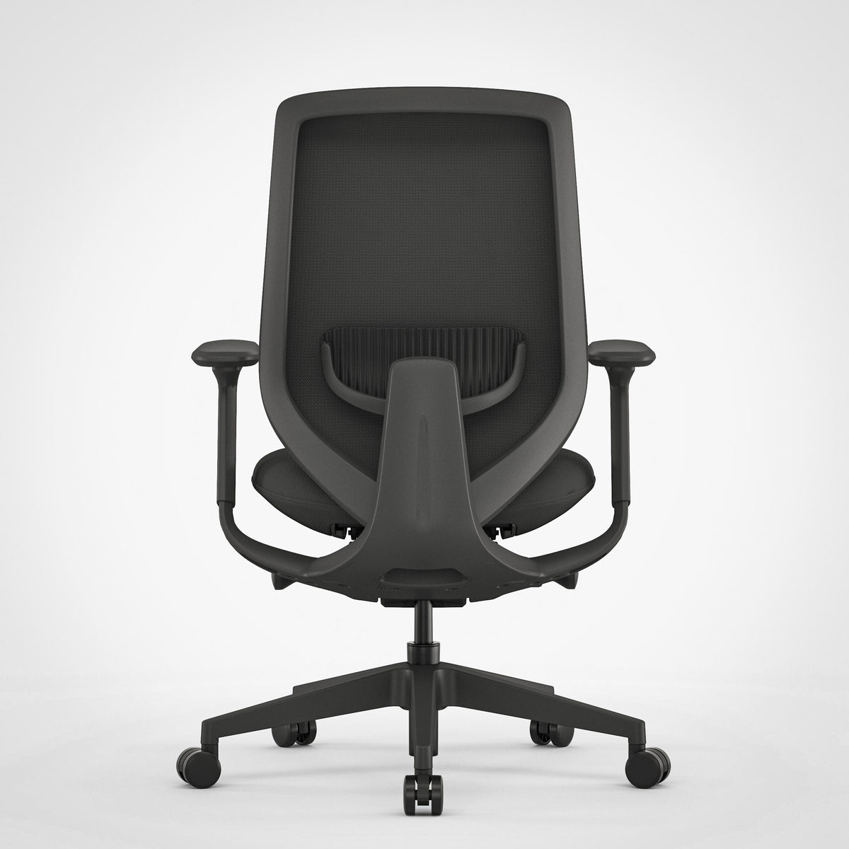 Black ergonomic office chair with mesh backrest, adjustable armrests and wheels