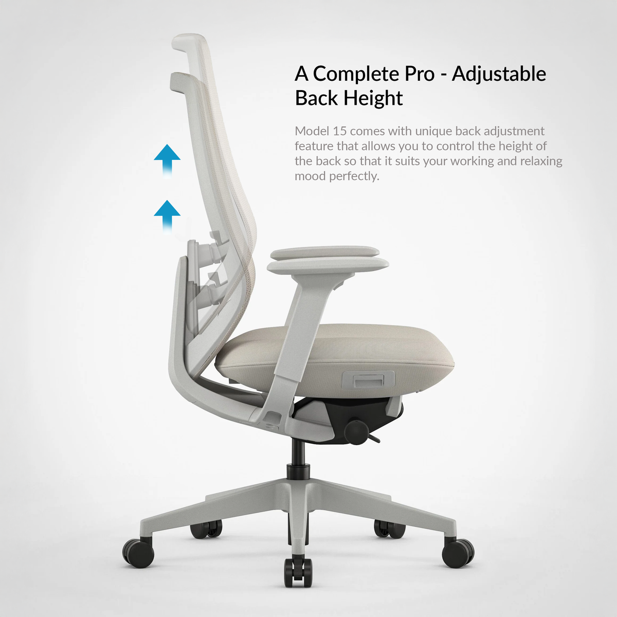 Model 15 beige ergonomic office chair with adjustable back height feature, side view