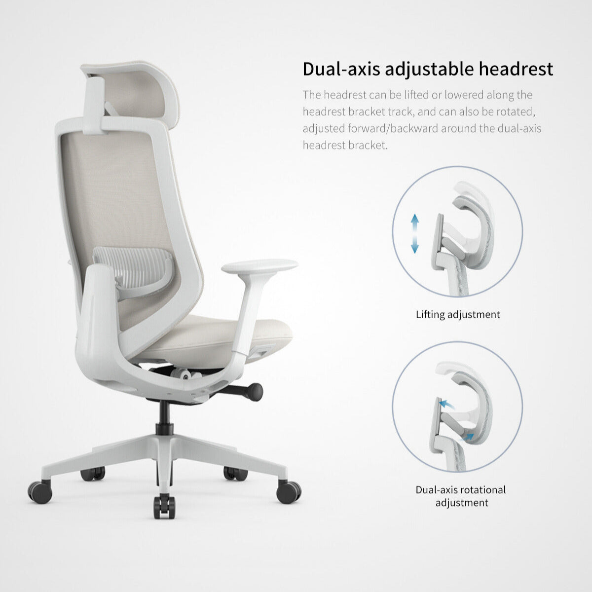 Beige pelicanwork ergonomic office chair with dual-axis adjustable headrest and lumbar support