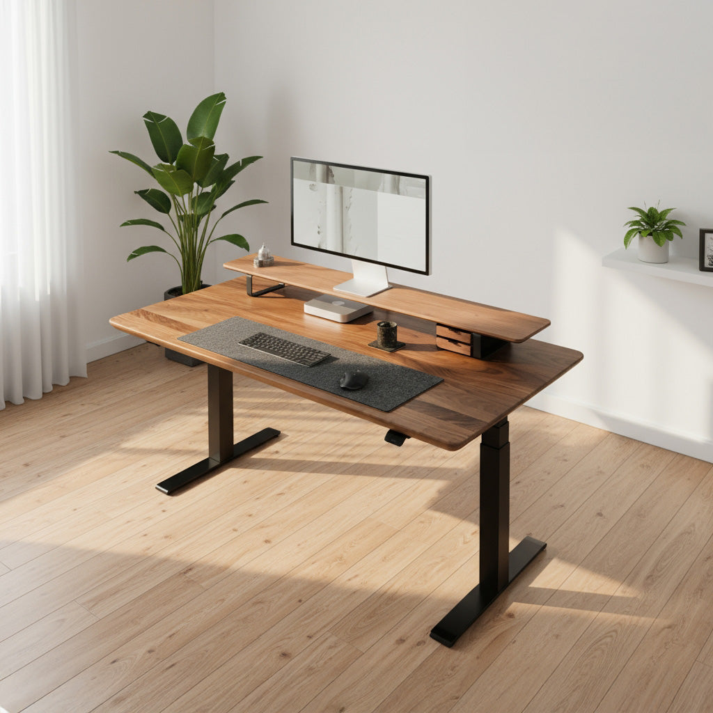 Pelicanwork walnut standing desk, height adjustable office desk in modern workspace