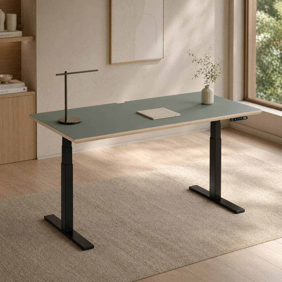 Model 301 Electric Standing Desk | Moss Green Fenix | 55 x 27 in | Black Legs