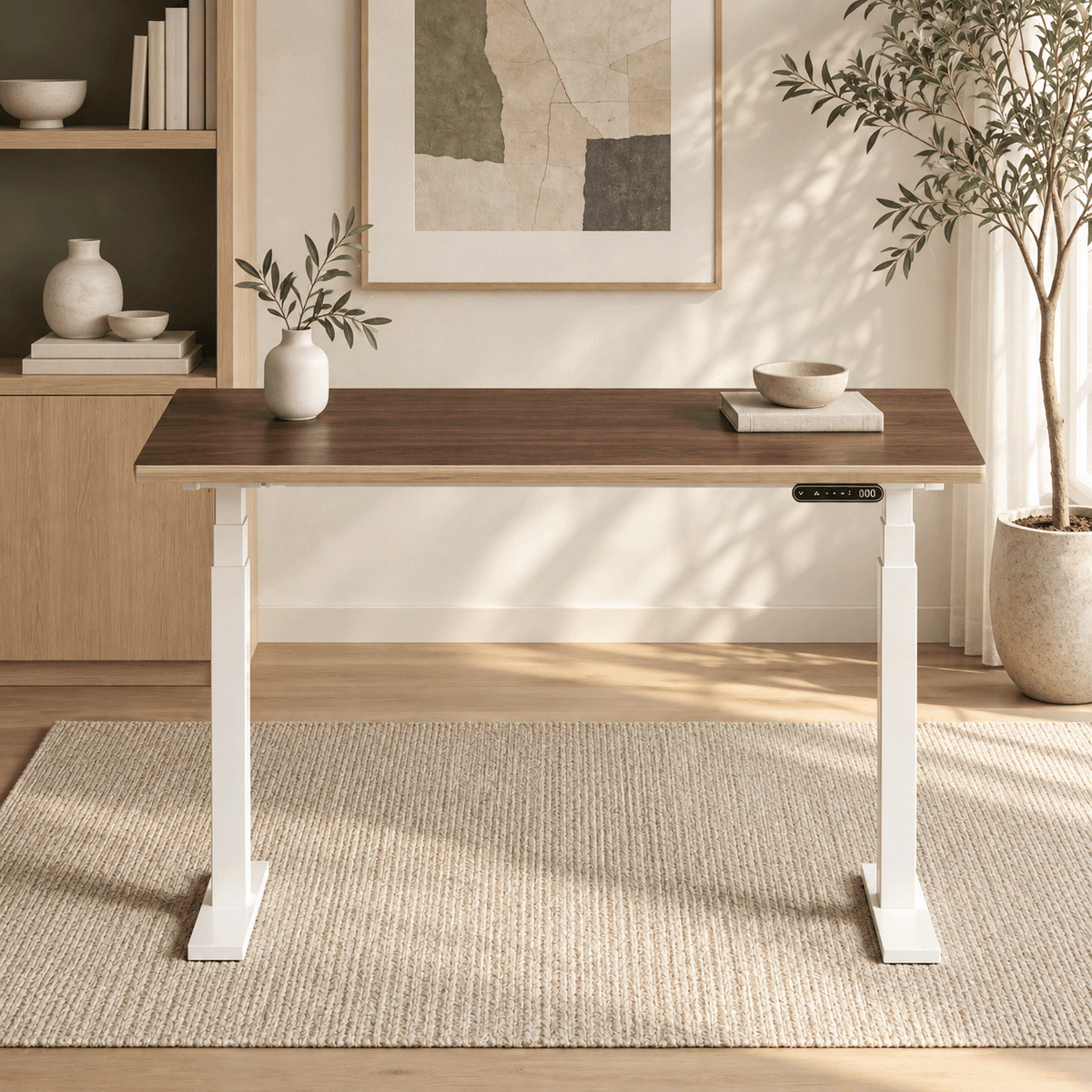 Model 301 Electric Standing Desk | Walnut Veneer | 48 x 24 in | White Legs