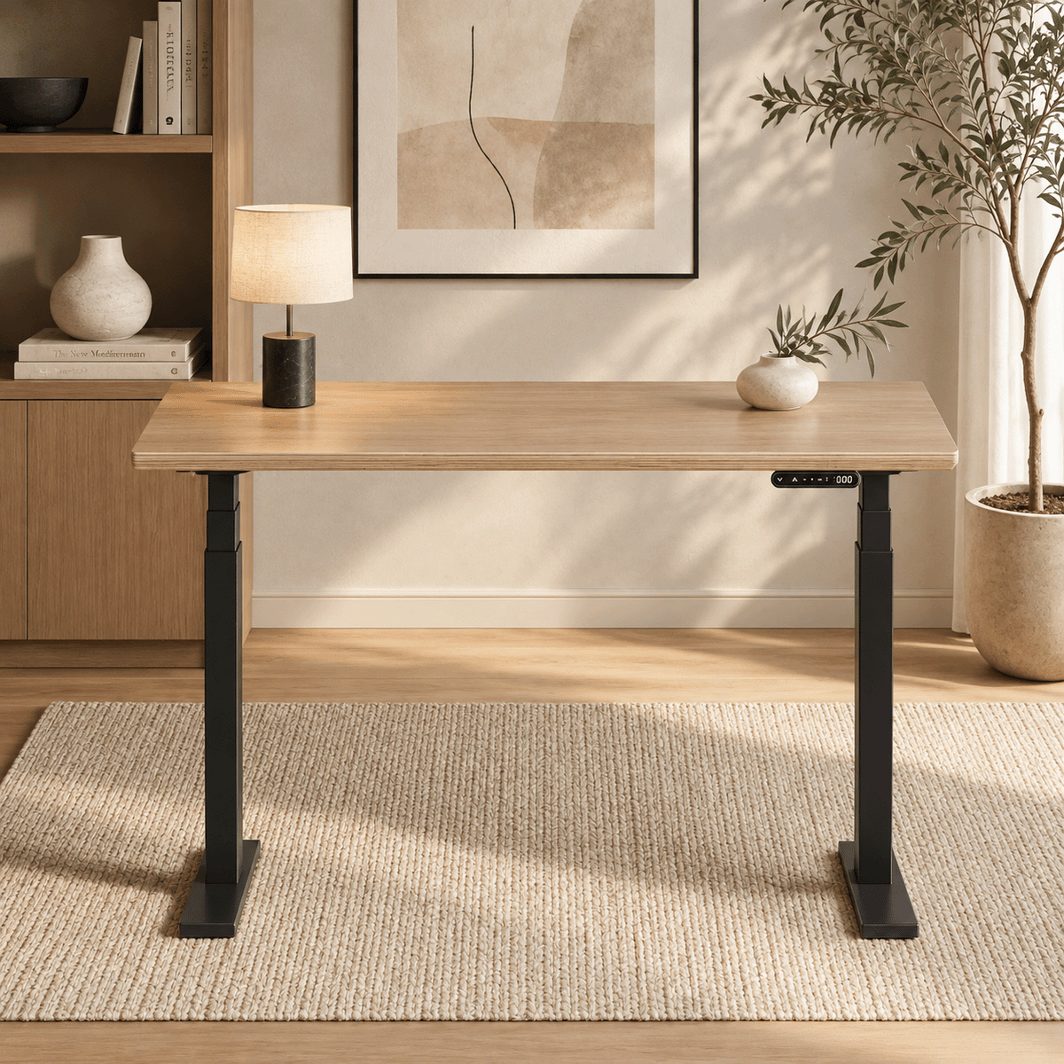 Model 301 Electric Standing Desk | Oak Veneer | 48 x 24 in | Black Legs