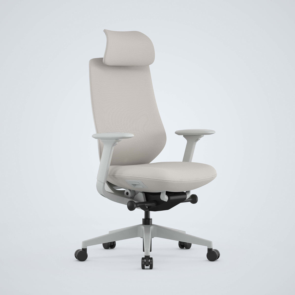 MODEL15 ergonomic office chair with headrest in light beige, mesh back and adjustable arms