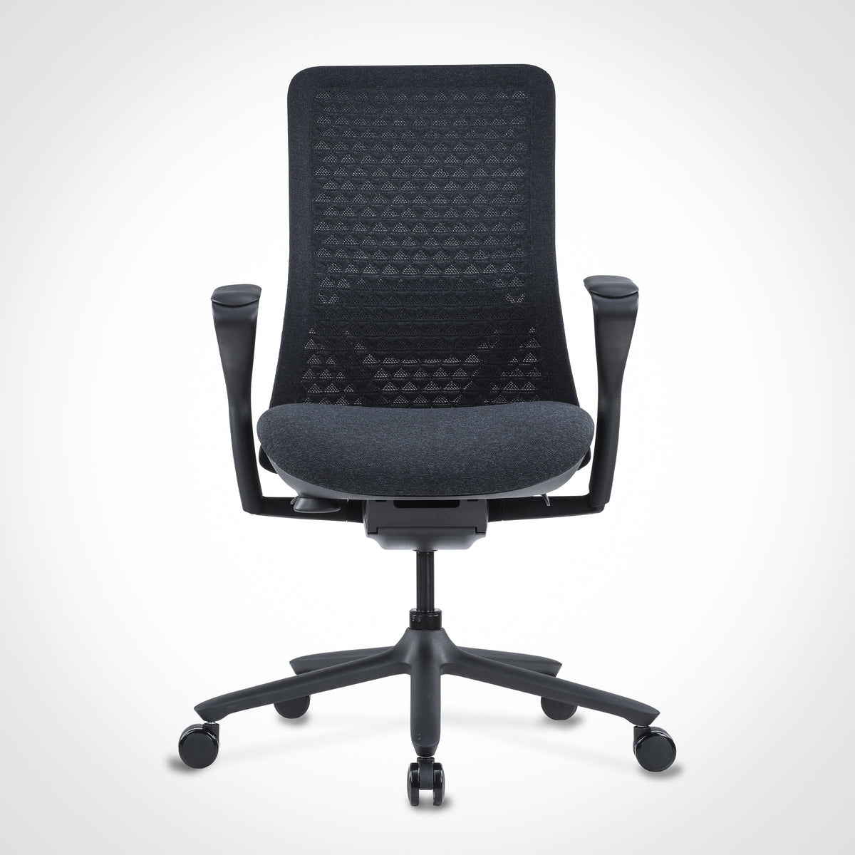 Poly-6 black ergonomic office chair with mesh backrest and adjustable armrests