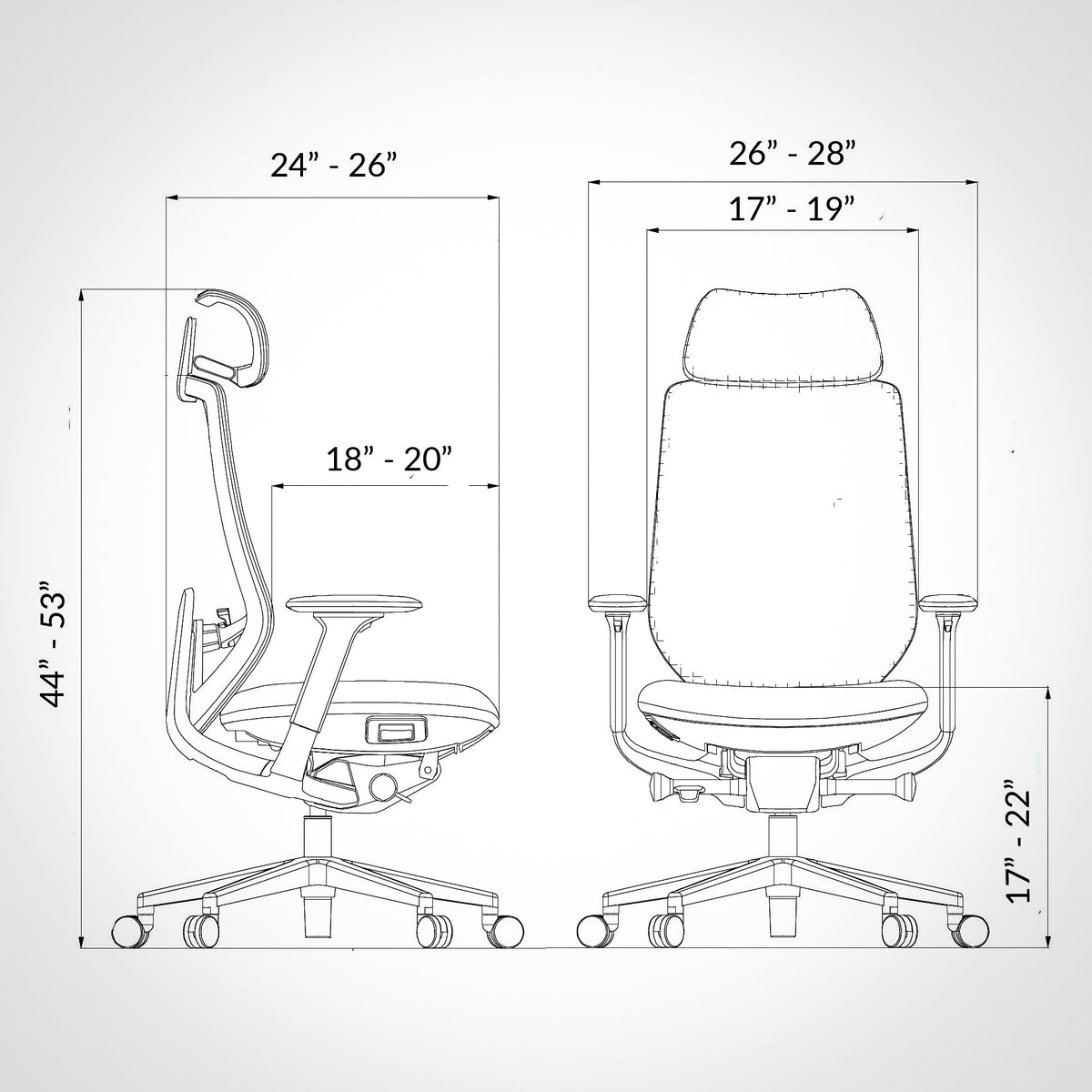ergonomic office chair line drawing with adjustable dimensions and headrest, black color