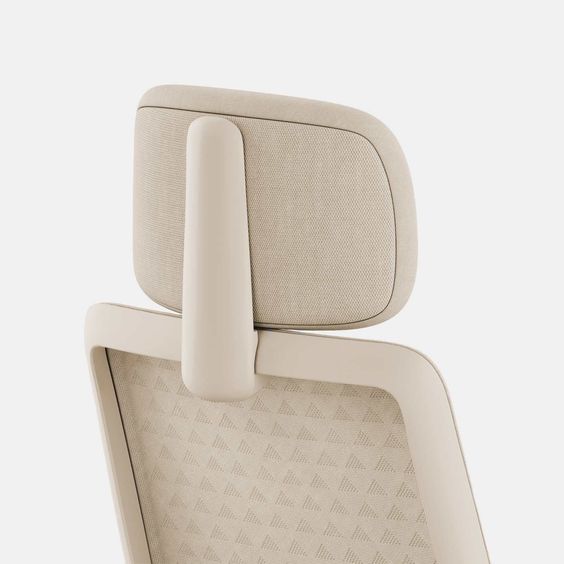 Beige ergonomic office chair headrest and mesh backrest, modern design