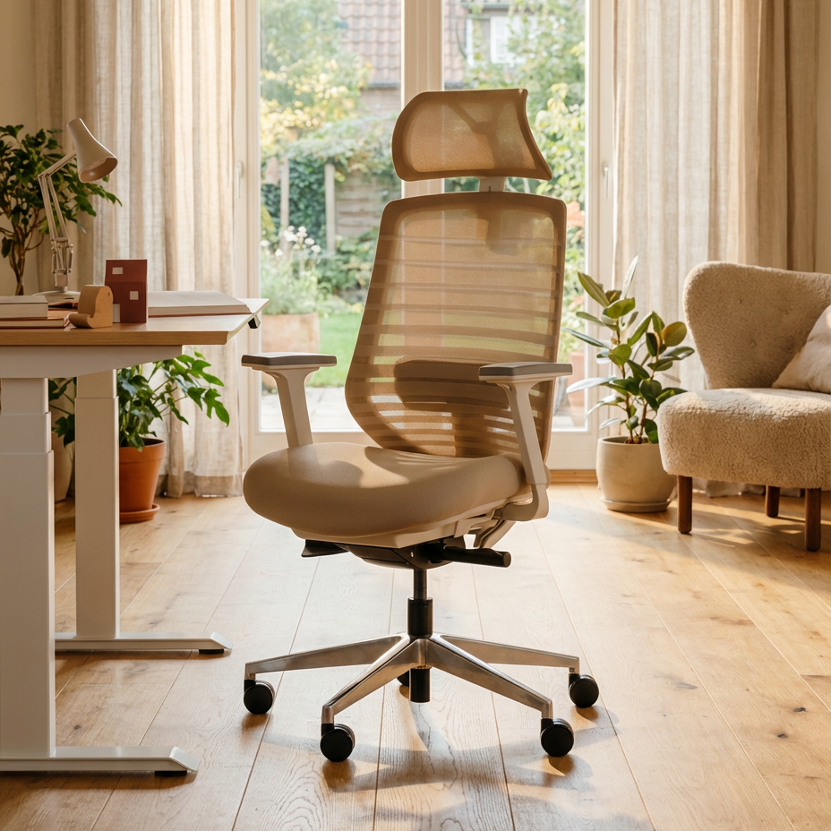 Beige ergonomic office chair with headrest in modern home workspace