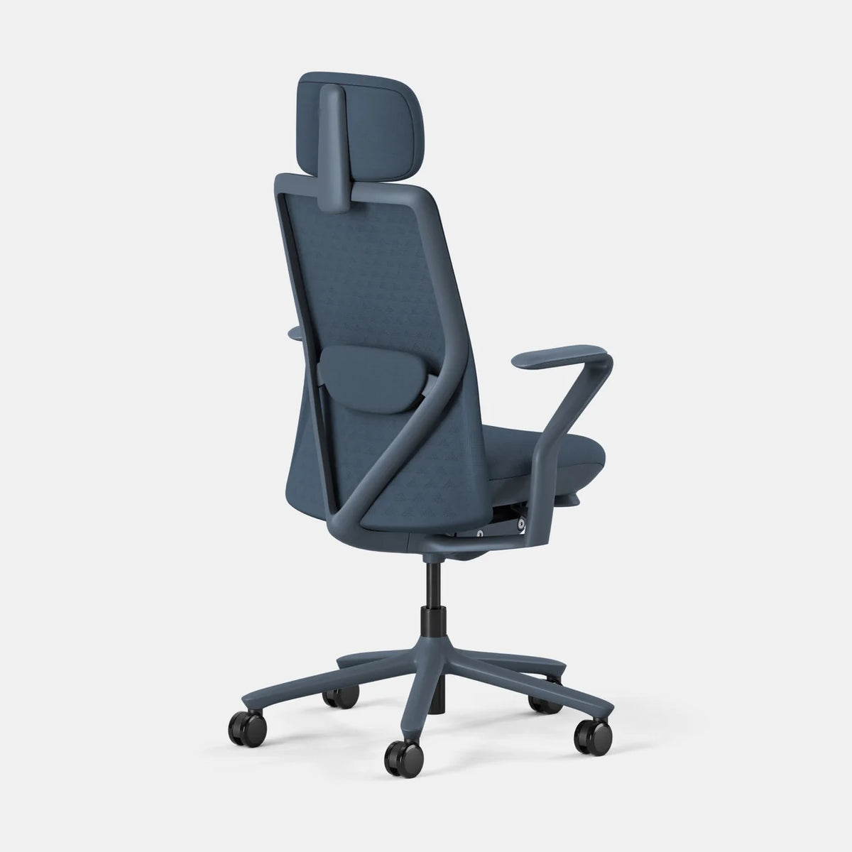 VerveChair Cobalt ergonomic office chair with headrest, back perspective, blue color