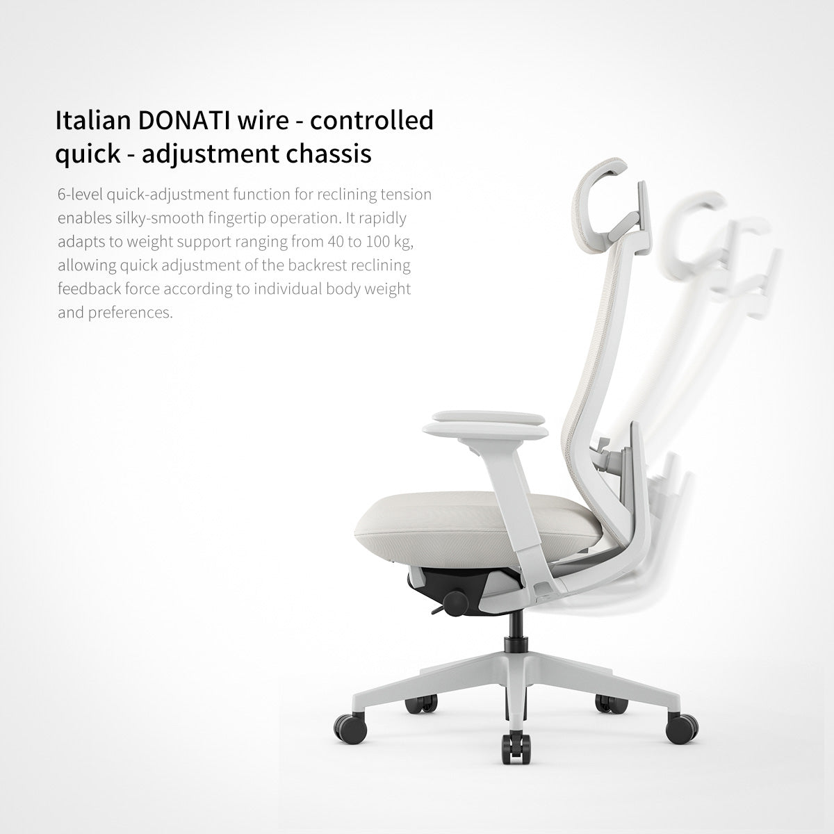 DONATI wire-controlled ergonomic office chair in white, adjustable reclining backrest
