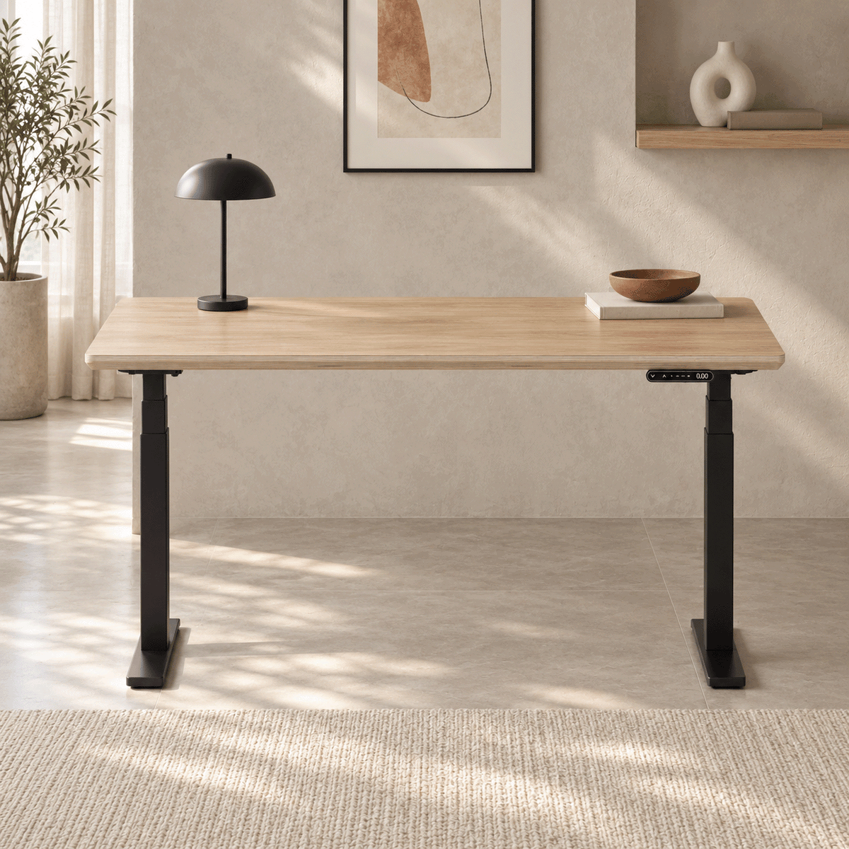 Model 301 Electric Standing Desk | Oak Veneer | 55 x 27 in | Black Legs