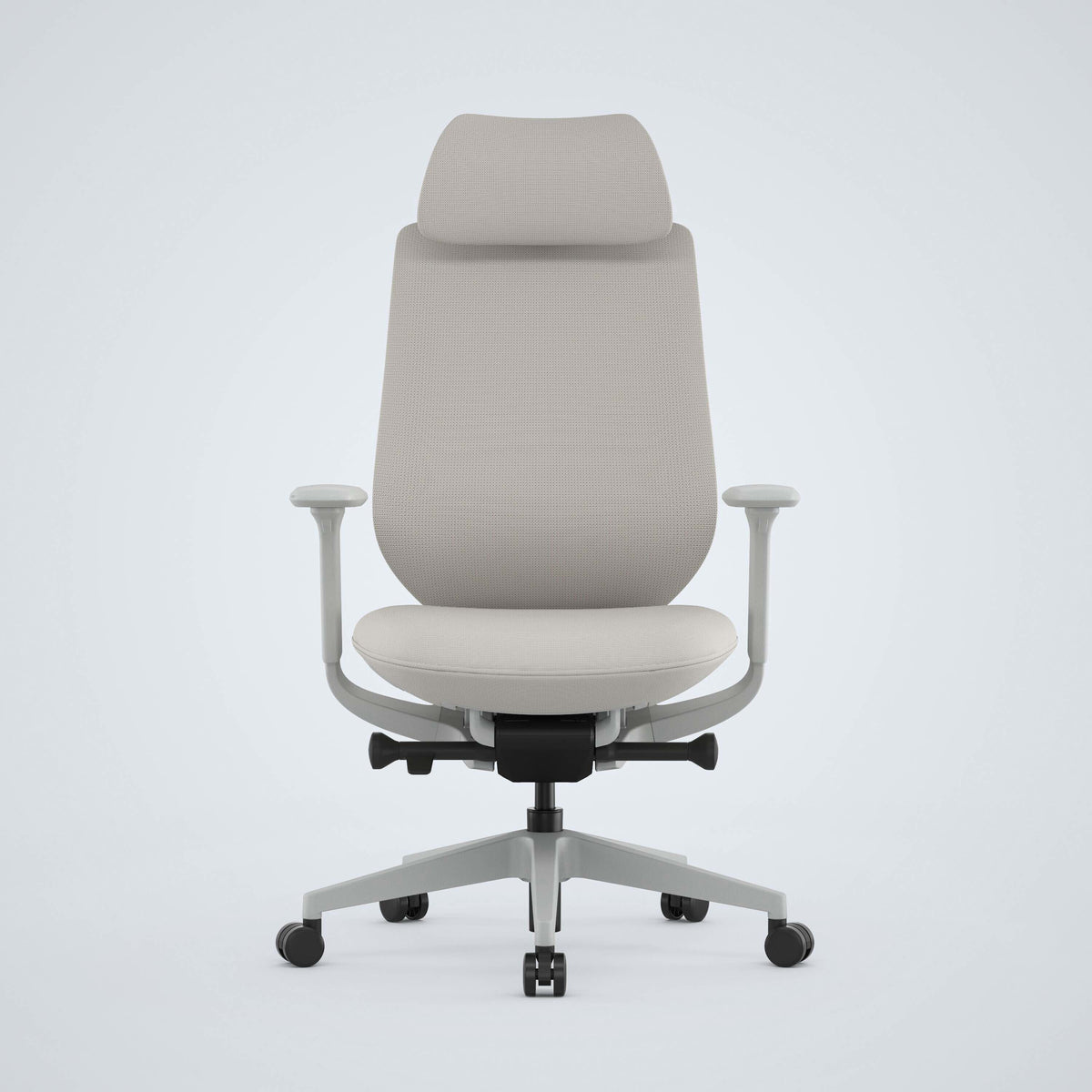 MODEL 15 ergonomic office chair with headrest in light grey, adjustable armrests, and mesh back