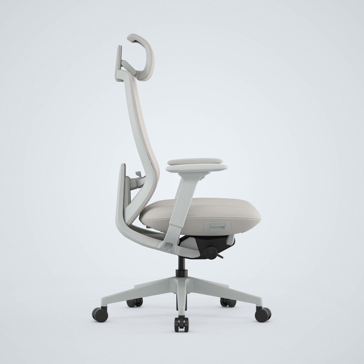 Model 15 ergonomic office chair with headrest in light beige, modern adjustable design
