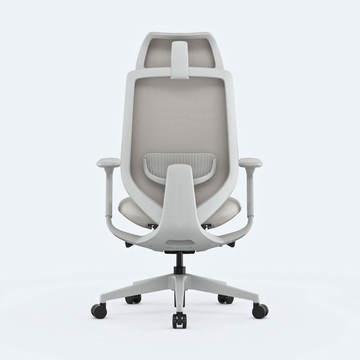MODEL15HEADREST004 light grey ergonomic office chair with headrest, viewed from the back