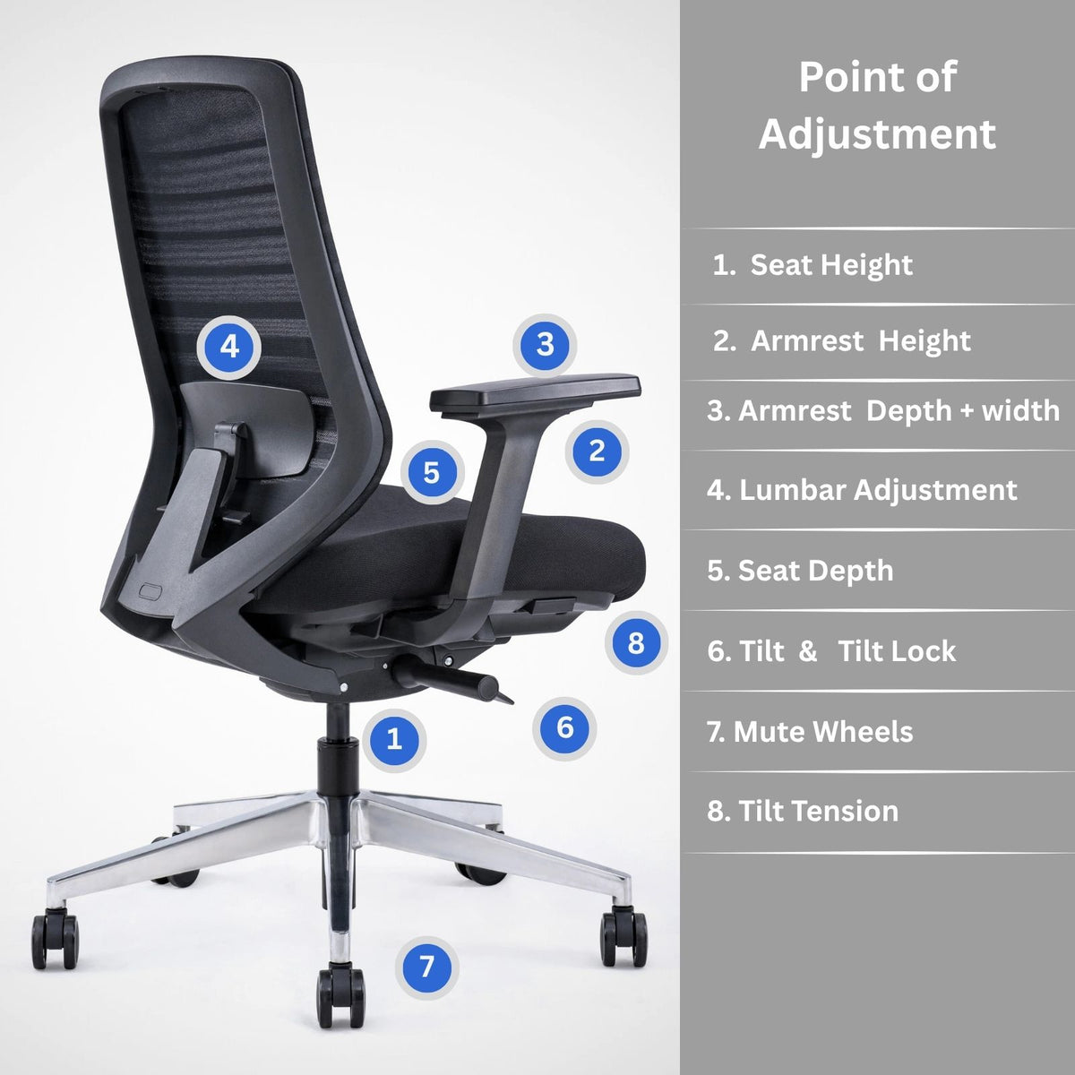 Black ergonomic office chair with adjustable seat height, lumbar support, and armrests