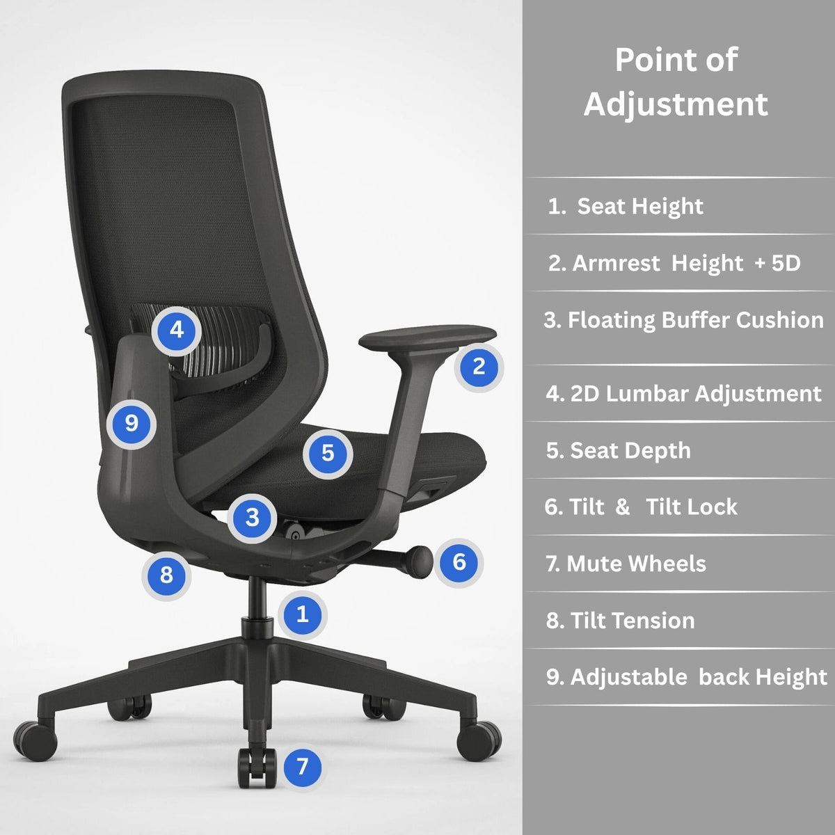 black ergonomic office chair with adjustable features, mesh back, and seat depth controls