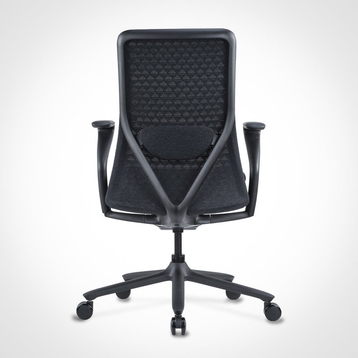 Poly-10 black ergonomic office chair, mesh back, lumbar support, rolling base, rear view