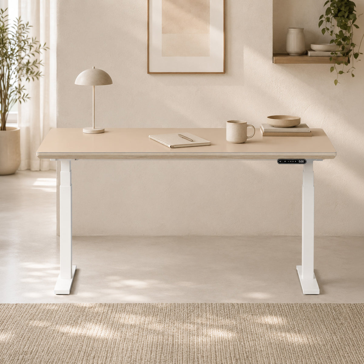 Model 301 Electric Standing Desk | Beige Fenix | 55 x 27 in | White Legs