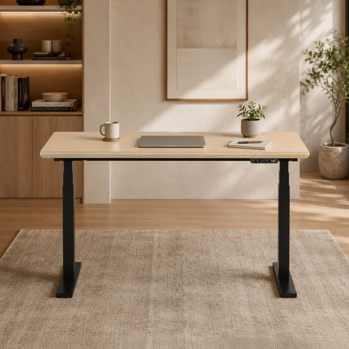 Model 301 Electric Standing Desk | Beige Fenix | 48 x 24 in | Black Legs