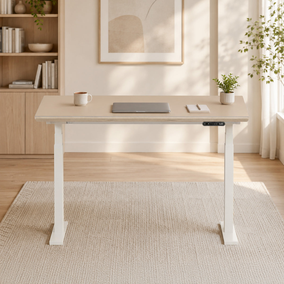 Model 301 Electric Standing Desk | Beige Fenix | 48 x 24 in | White Legs
