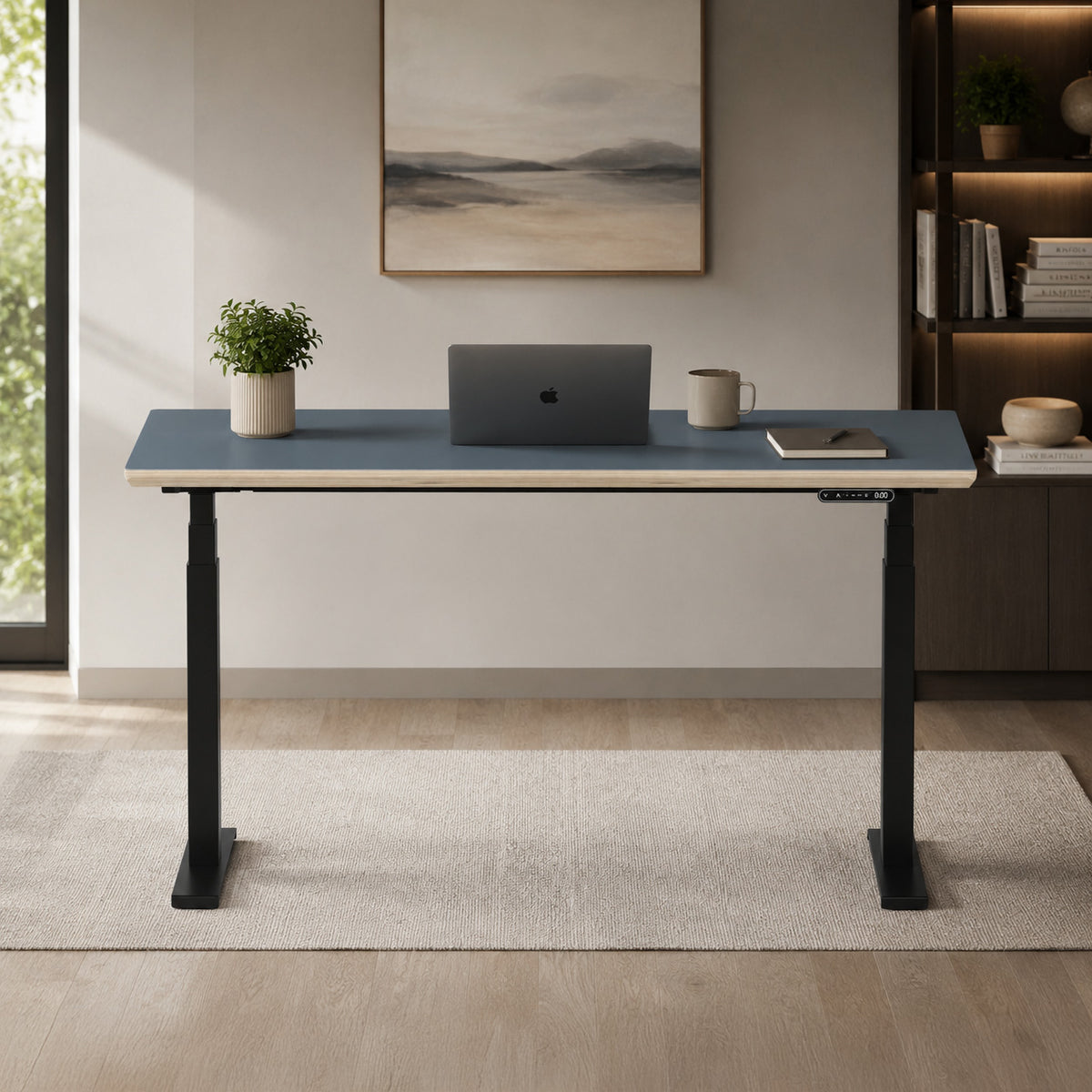 Model 301 Electric Standing Desk | Yale Blue Fenix | 55 x 27 in | Black Legs