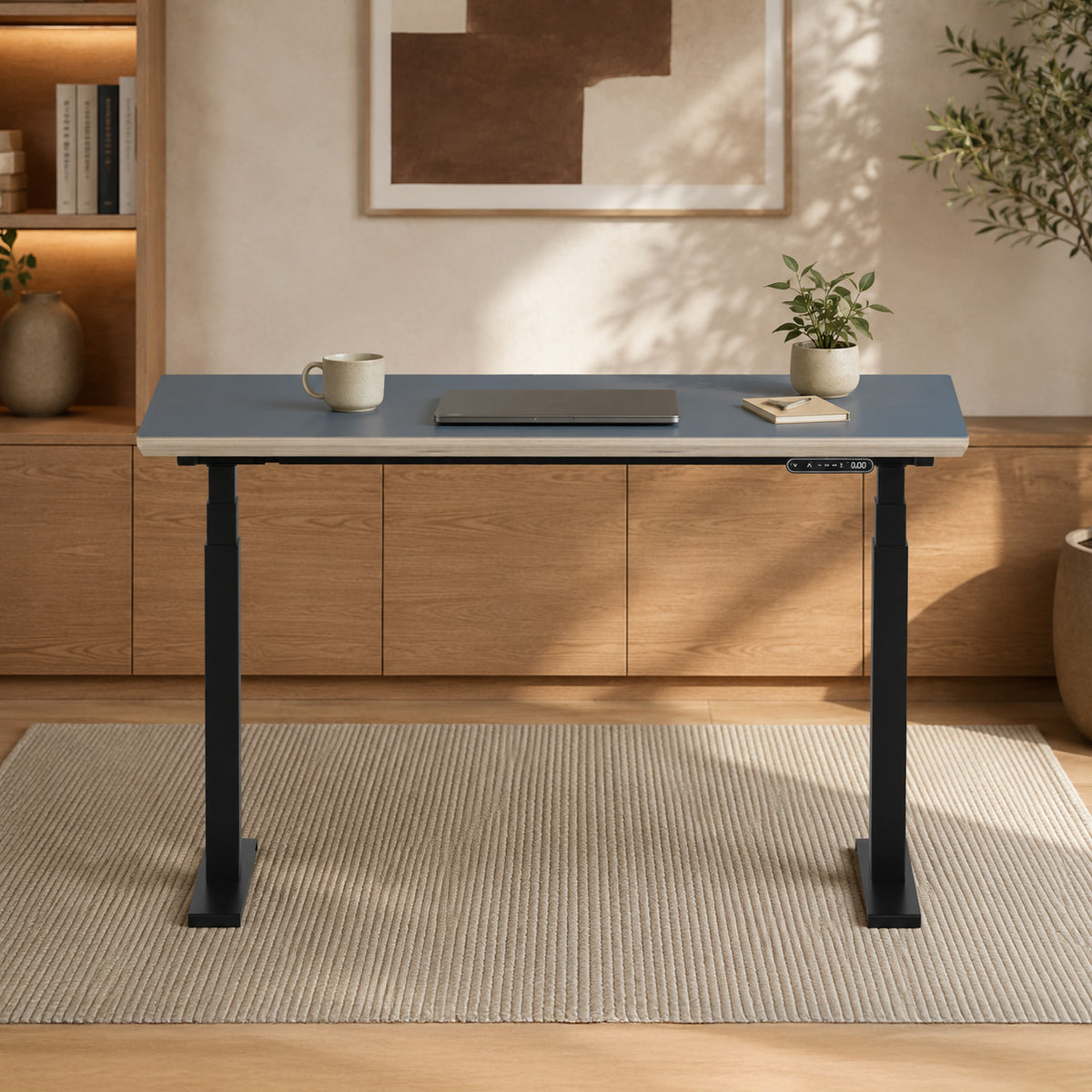 Model 301 Electric Standing Desk | Yale Blue Fenix | 48 x 24 in | Black Legs