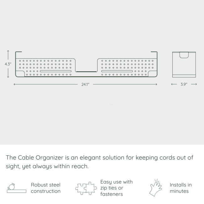 Cable organizer dimensions diagram, steel construction, 24.1 x 4.3 x 3.9 inches