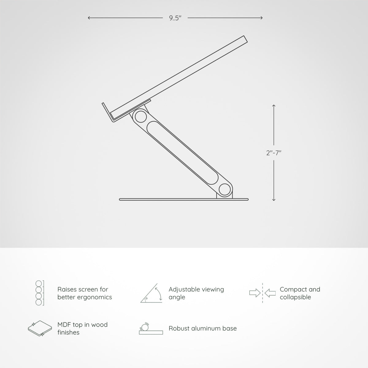 Adjustable laptop stand with ergonomic design, aluminum base, wood finish, compact and collapsible