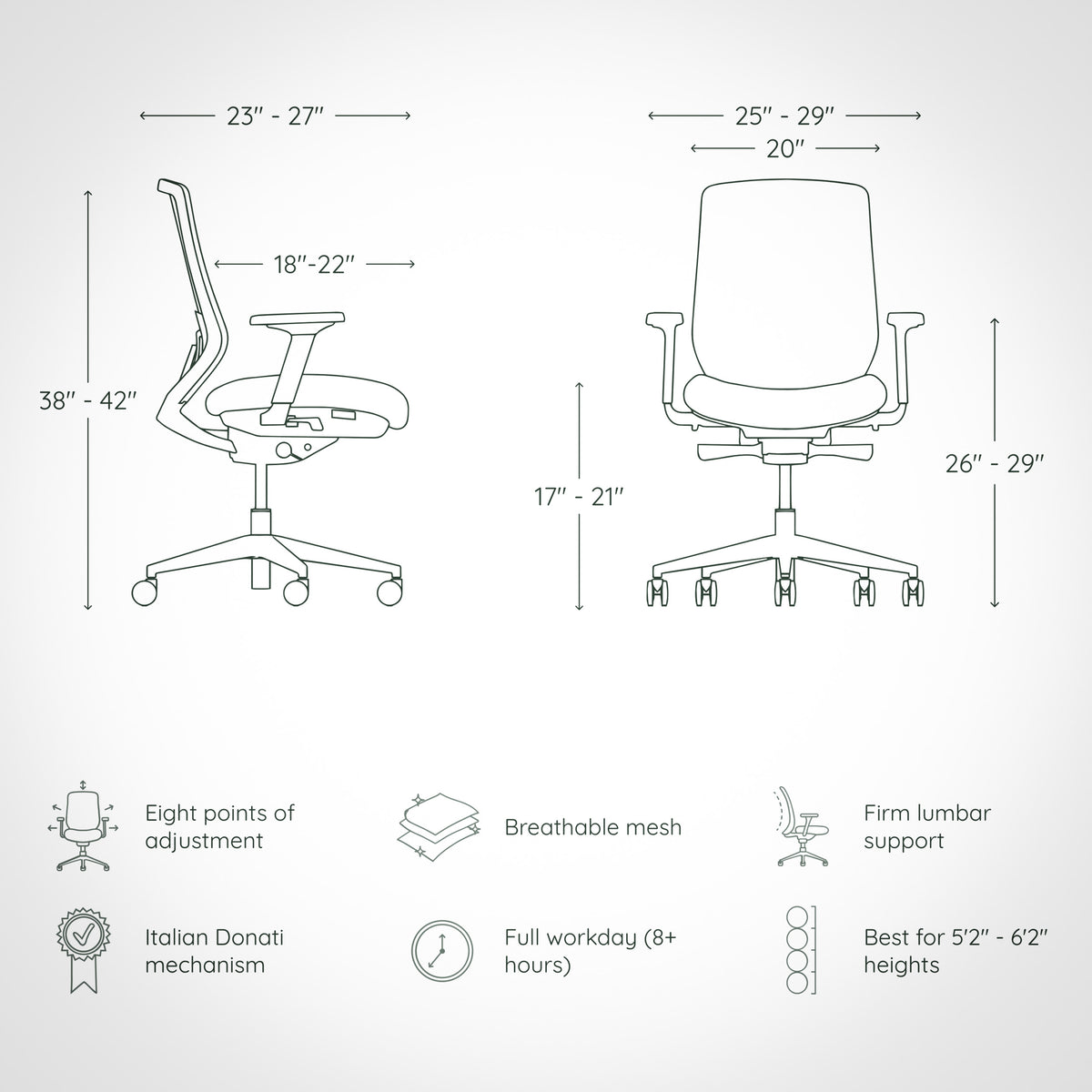 Pelicanwork Model 11 ergonomic office chair dimensions and features diagram, black mesh