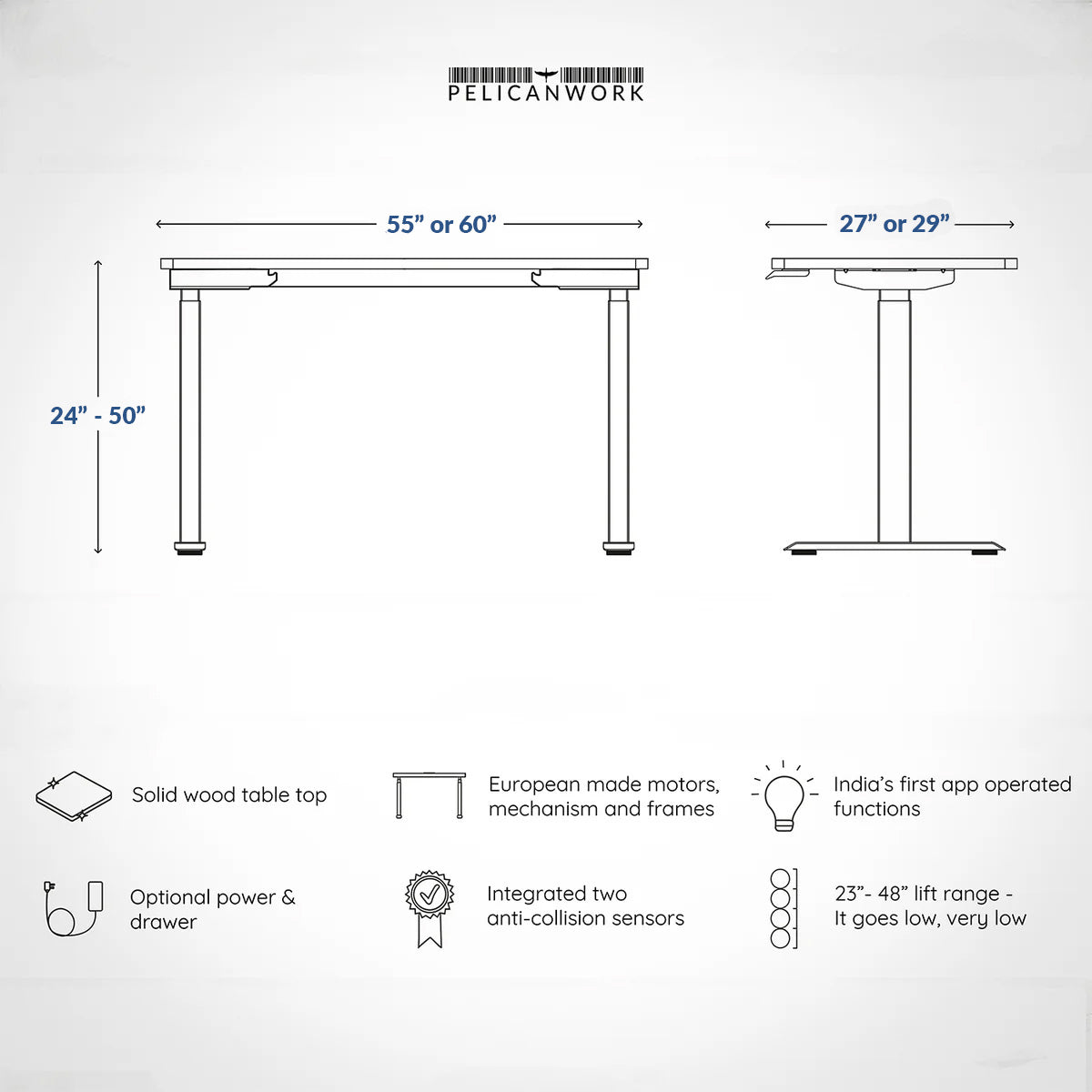 Model 304 height adjustable standing desk dimensions, lift range and key ergonomic features