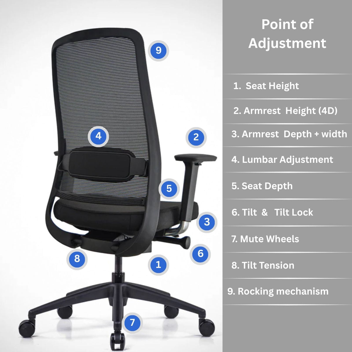 Black ergonomic office chair with adjustable lumbar support and multiple adjustment points