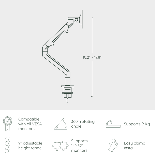 Monitor arm dimensions diagram showing adjustable height, VESA compatibility, and easy clamp install.