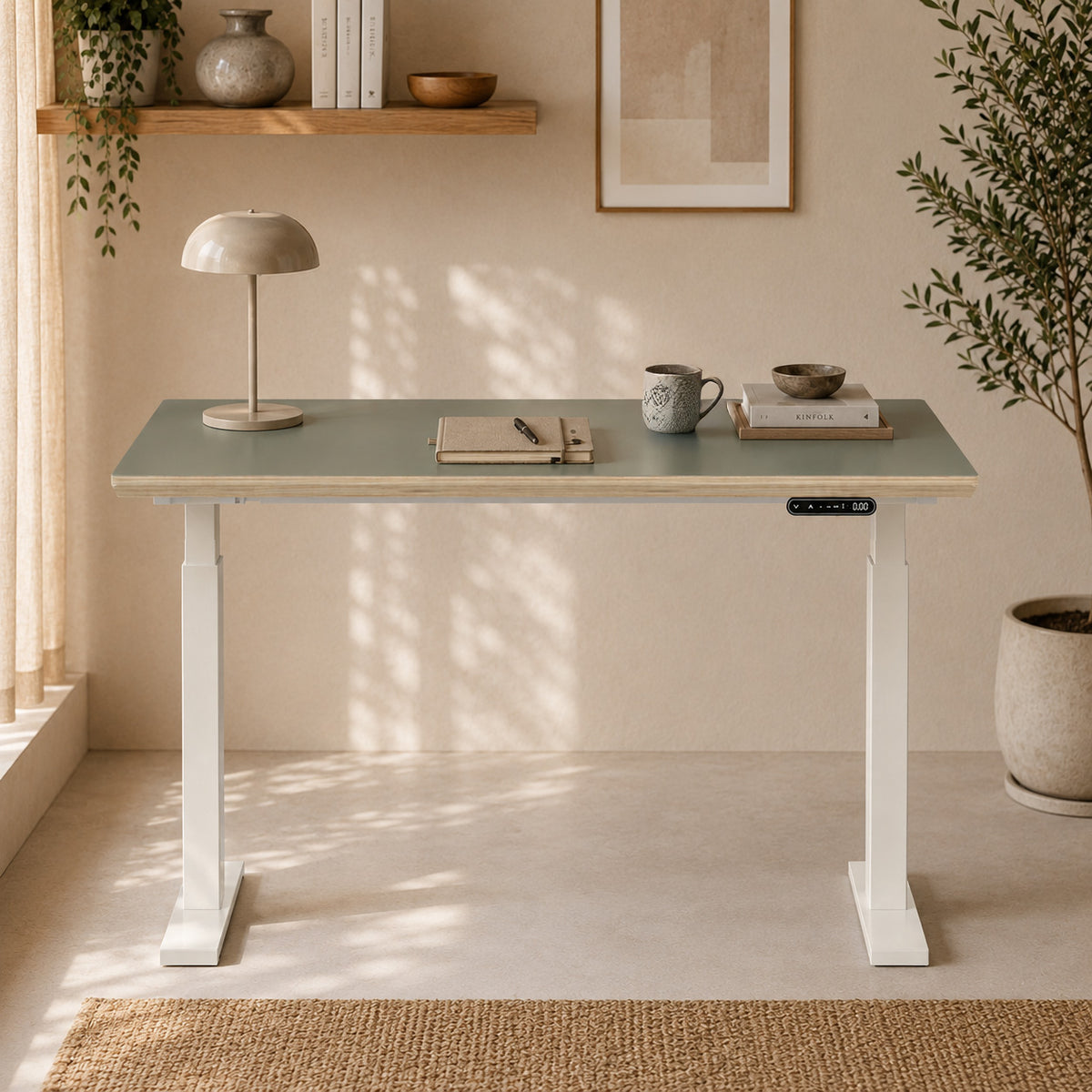 Model 301 Electric Standing Desk | Moss Green Fenix | 48 x 24 in | White Legs