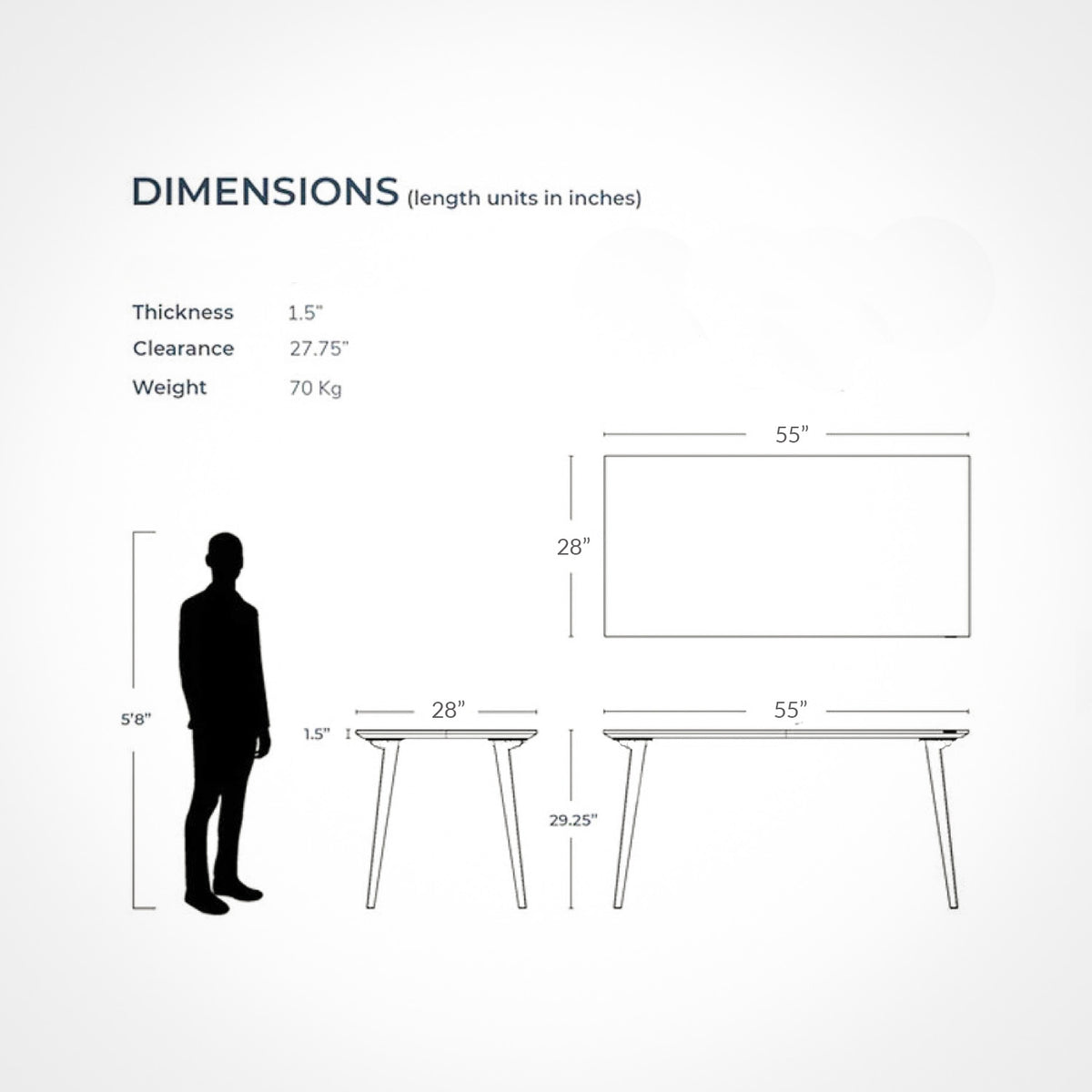 Takeshi Pro Dimension office desk dimensions, showing measurements and silhouette reference