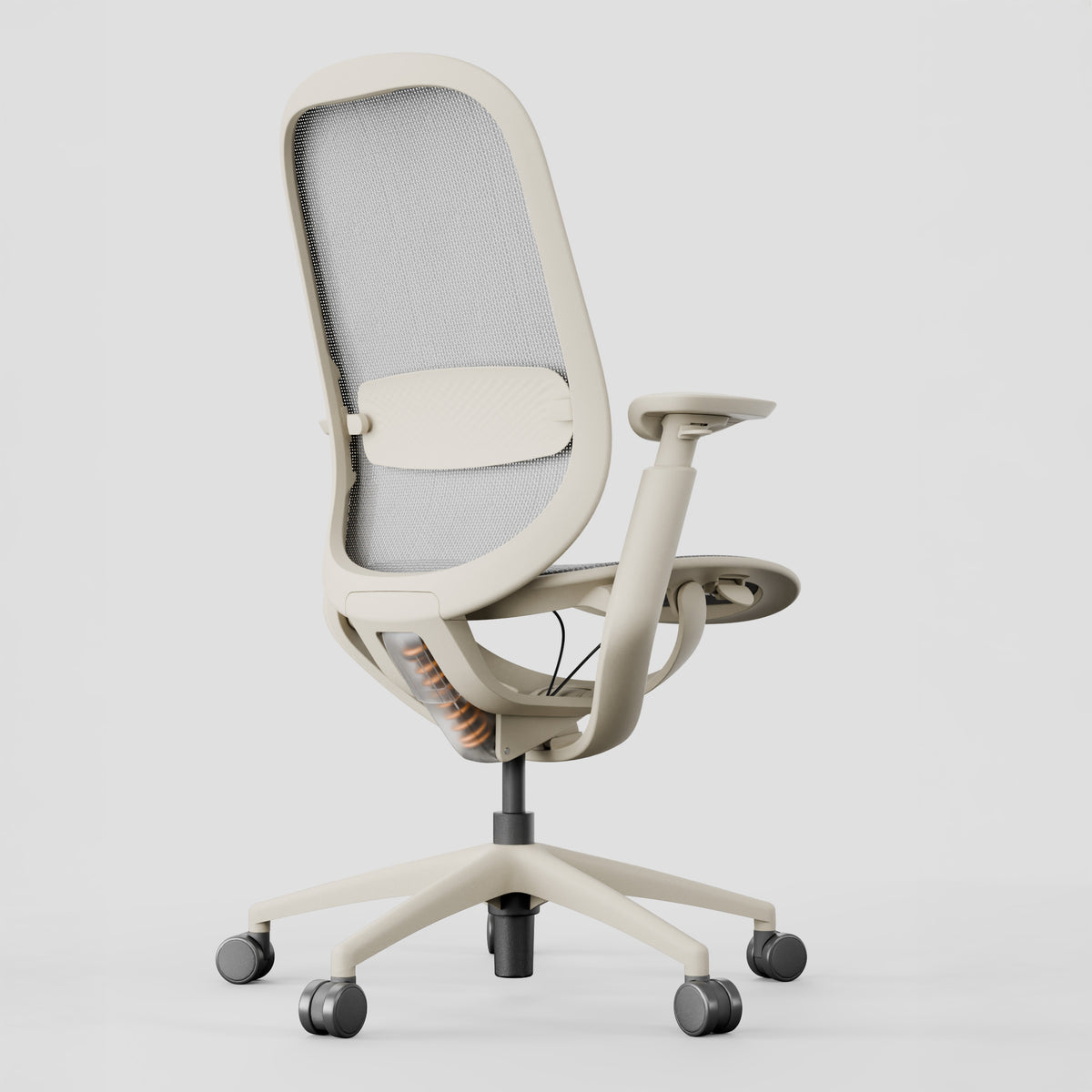 Wheat color ergonomic office chair with mesh back, adjustable armrests and lumbar support