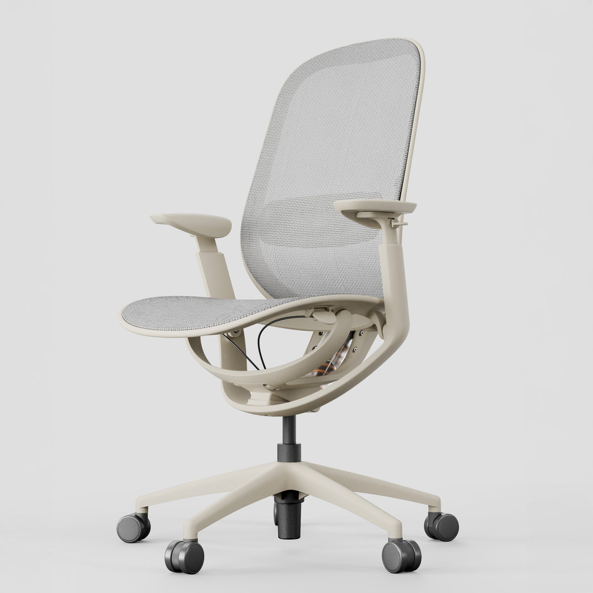 Ergonomic office chair in wheat color with mesh back and adjustable armrests